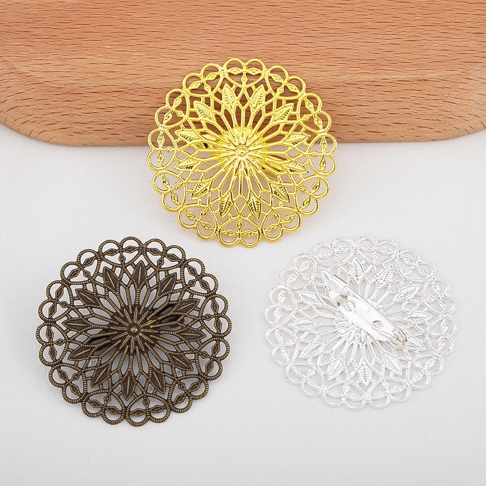 

5pcs/lot Round Hollow Out Flowers Brooch Base 38mm Copper Brass Brooch Buckle for Handmade Jewelry Making DIY Accessories