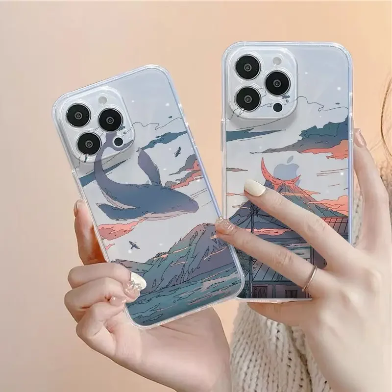 Anime Scenery Phone Case for IPhone 11 13 12 15 Pro XS MAX Mini 7 8 14 Plus SE20 X XR Cartoon Landscapes Clear Cover Fundas Skin image 3
