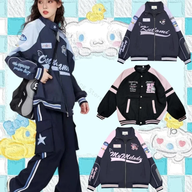 Sanrio Y2k Cinnamoroll Racer Jacket Kawaii Biker Jacket Pants Punching Cartoon Female Loose Warm Windproof Couple Clothes Gifts