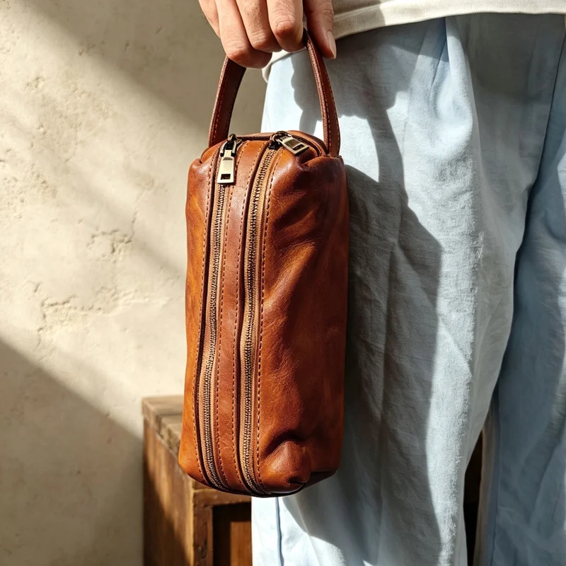 Genuine Leather Pencil Pack Vintage Double Layer Design Zipper Pen Case Cowhide Clutch Bag Large Capacity Storage Pouch