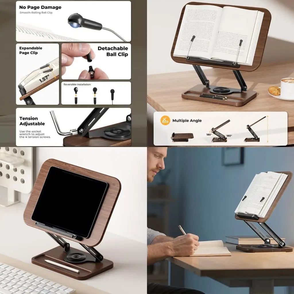 Heavy Book Stand with Expandable Page Holders Adjustable 360 Rotating Base Ergonomic Black Walnuts Storage Tray
