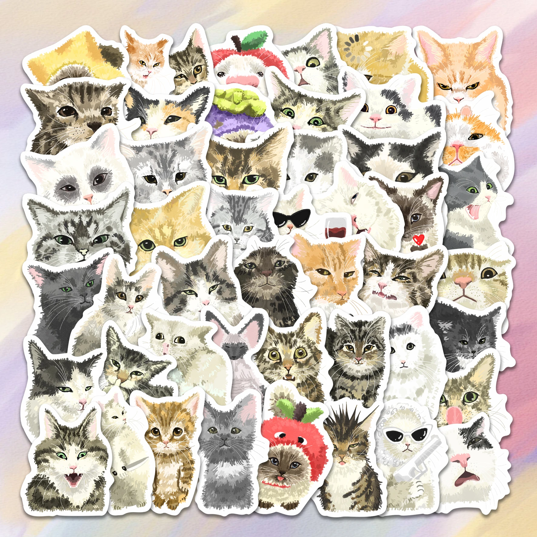 50pcs Cute Cat Expression Stickers Pack, Vinyl Decals with Funny Meme Cats for Laptop, Journal & Water Bottle, Perfect for Cat &