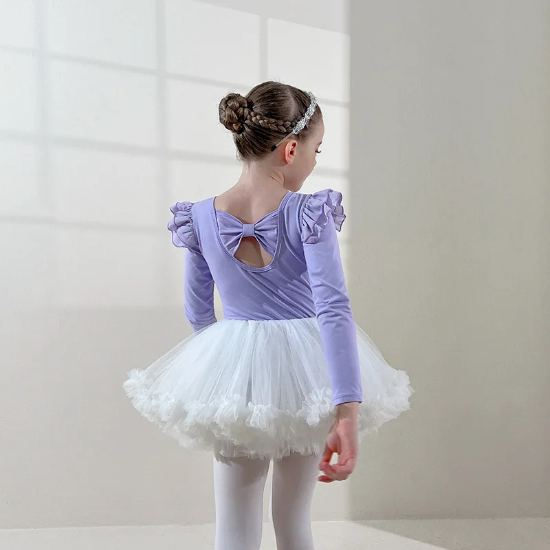 New Ballet Dancewear Girl Cute Tutu Dress Long Sleeve Leotard Ruffle Neck Swan Lake Party Costumes Ballerinas Front Lined Pink