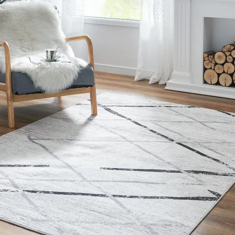 Entryway Rug Moroccan Rug Black Grey Thin Rug Modern Geometric Accent