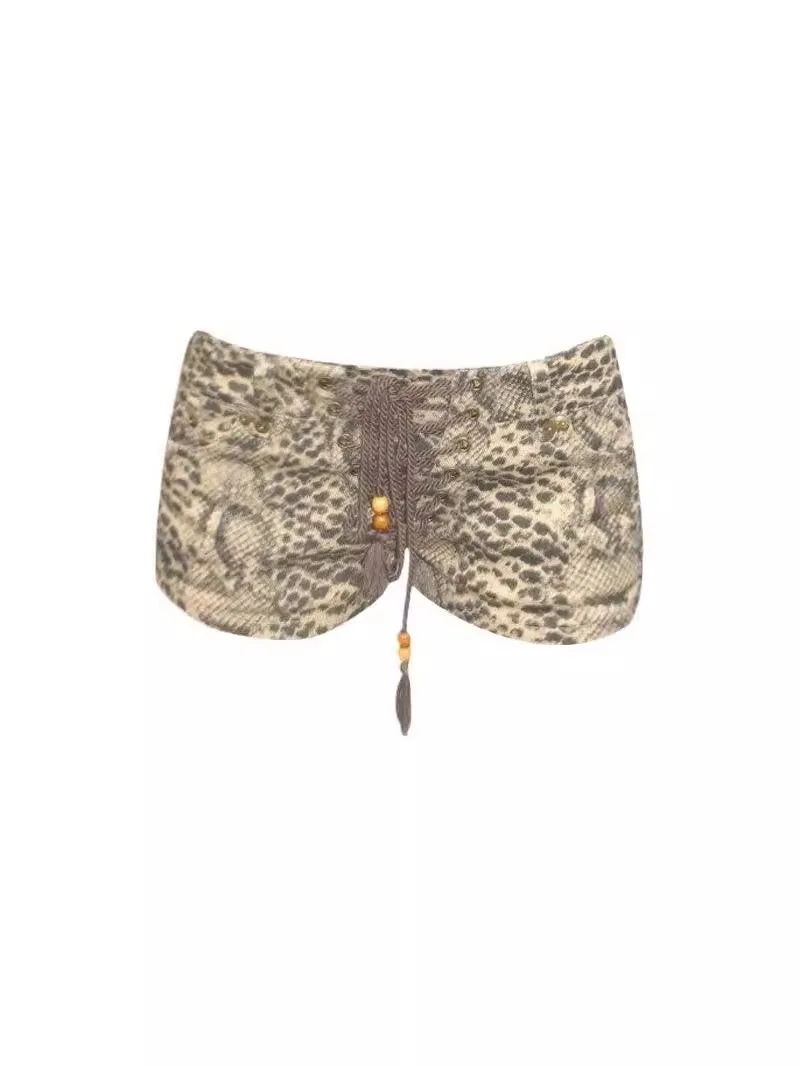 Japanese Summer Leopard Print Subculture Retro Denim Versatile Y2k Wasteland Maillard Low Waist Lace-up Design Shorts For Women