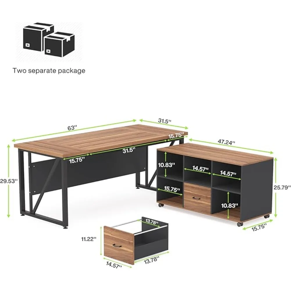 63 Zoll Chefschreibtisch und 47 Zoll seitlicher Aktenschrank, L-förmiger Computertisch, Heimbüro, Geschäftsmöbel mit Schubladen