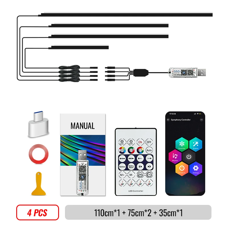 Éclairage ambiant voiture Led lumières intérieures avec application à distance sans fil, Usb acrylique néon bande Flexible Fiber optique LED lumière ambiante