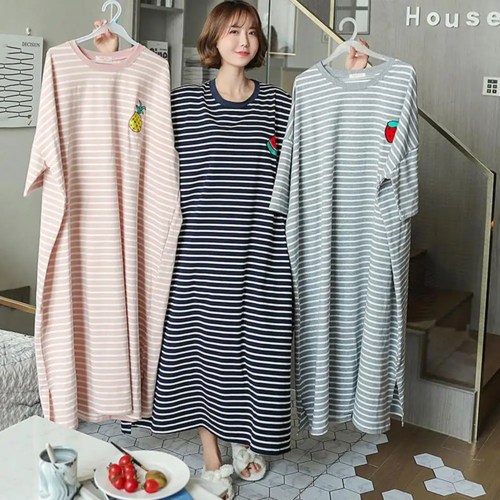 Summer Women Nightdress Loose Short Sleeve Breathable Comfortable Sleeping Polyester Stripes Print Night Robe Female Garment