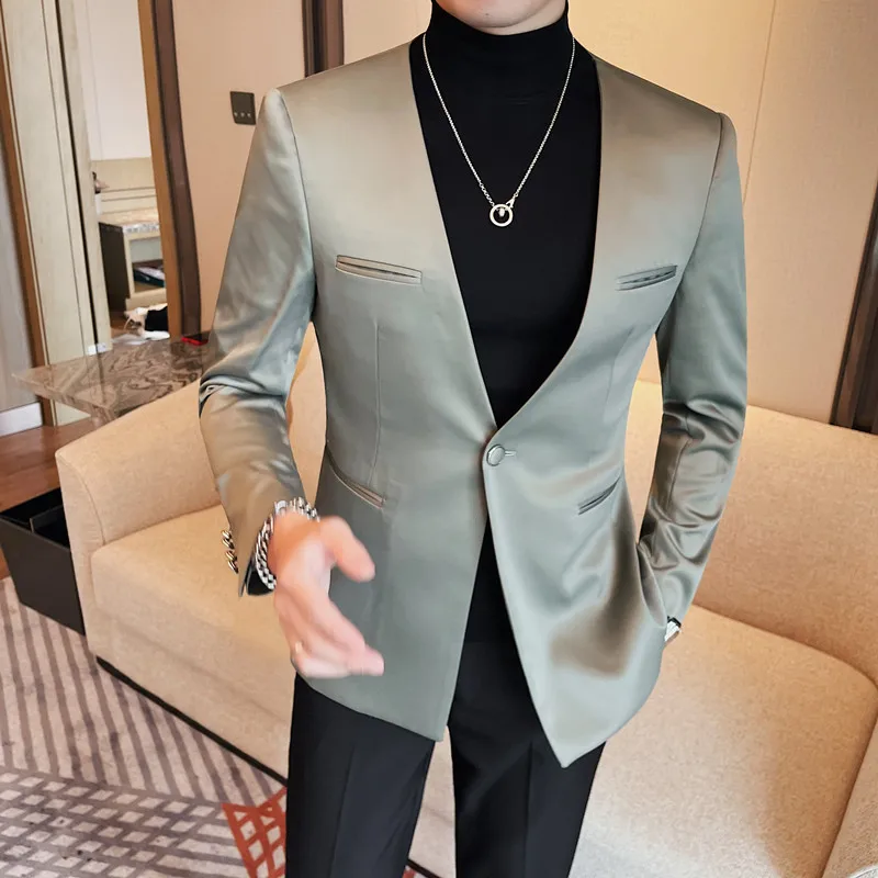 Luxury Solid Color Blazer Men Collarless Single Button Casual Business Suit Jacket Banquet Party Coat Uniform Wedding Social