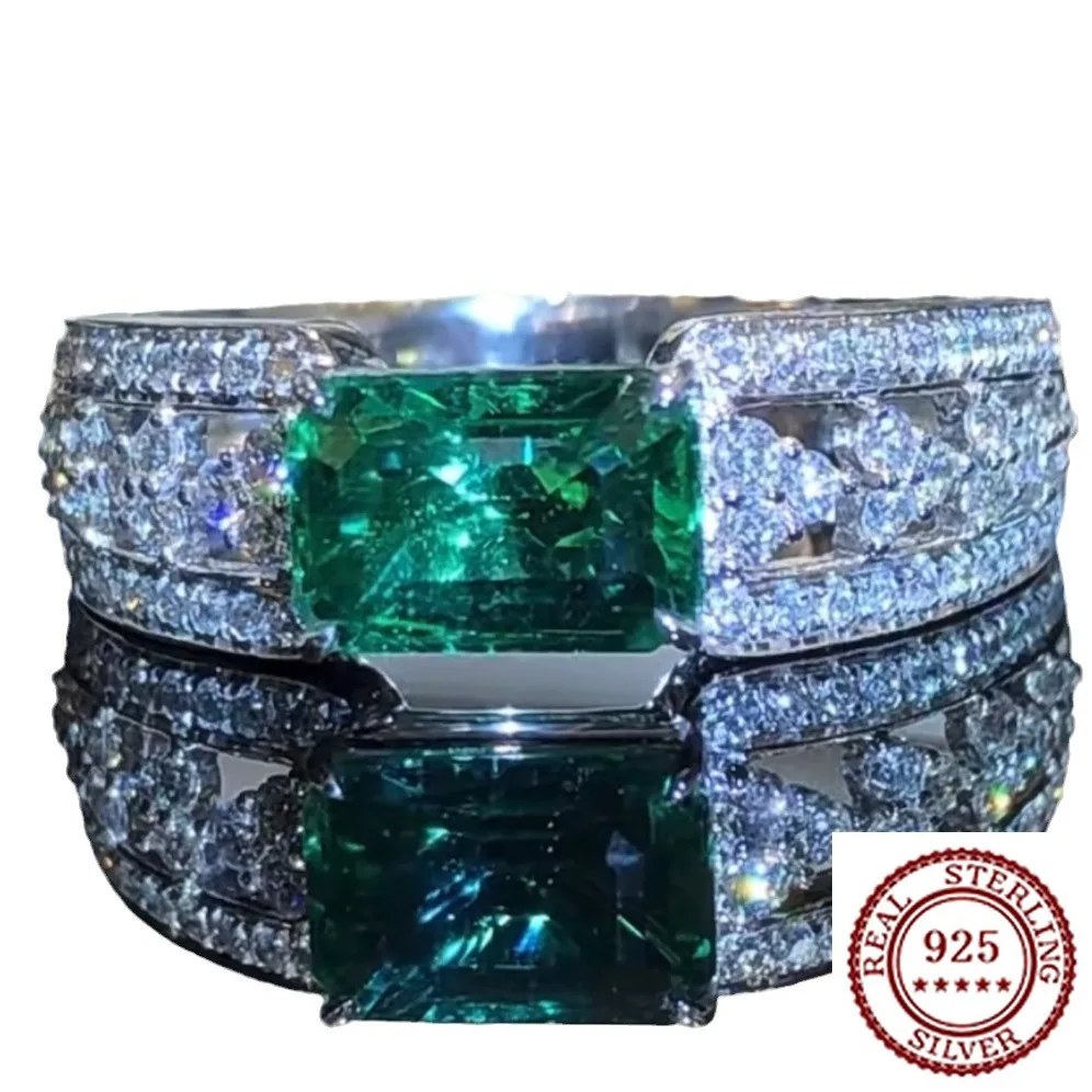 

2025 New Trendy 925 Sterling Silver Classic Temperament, Grand Fashion, Classic Women's Set Green Main Stone Exquisite Ring