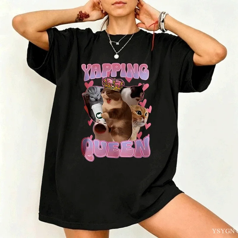 Funny Professional Yapper Meme Cat Pattern Tshirt Retro Womens Fashion Short Sleeved Tshirt Casual Comfortable T-shirt Top