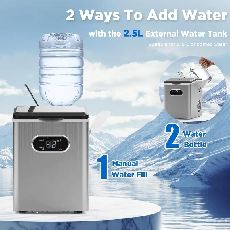 Ice Cube Maker Machine Countertop with 55lbs, 2.5L External Water Tank,2 Ways to Add Water,Auto-Cleaning,with Ice Scoop & Basket