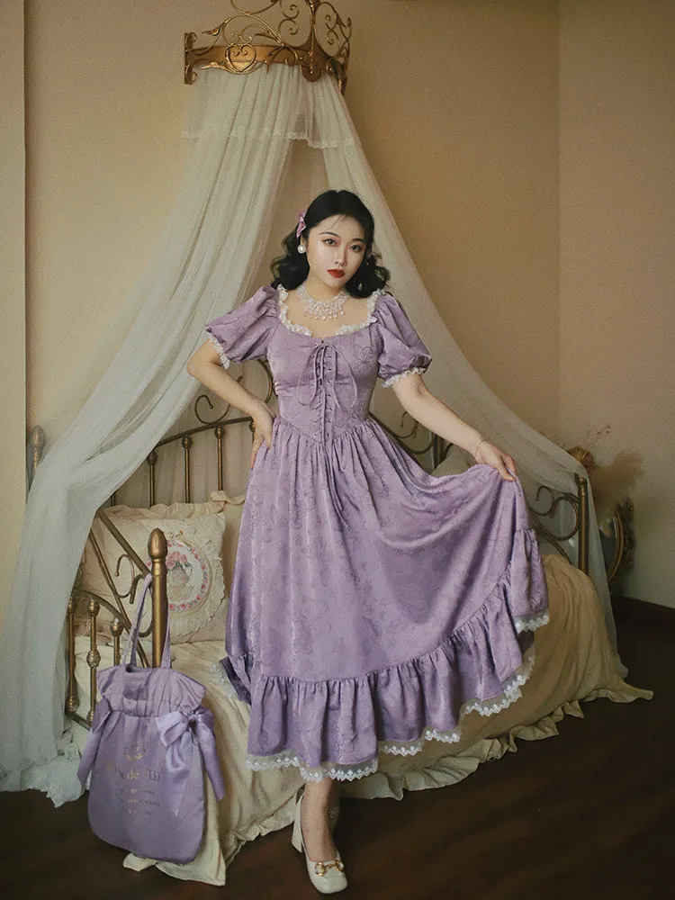 

TIYIHAILEY Women Dress Jacquard Summer Puff Short Long mid-calf XS-2XL Vintage Lace Patchwork High Waist Square Collar 2026 New