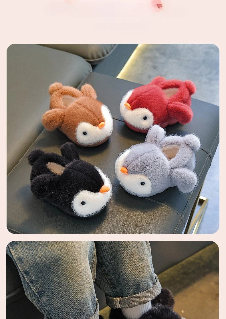 Niedliche Pinguin-Hausschuhe für Jungen und Mädchen aus Baumwolle, 2026 Neue Winter-Mode Kinder-EVA-Baumwollschuhe, Rutschfeste Warme Velours-Hausschuhe – Detail 7