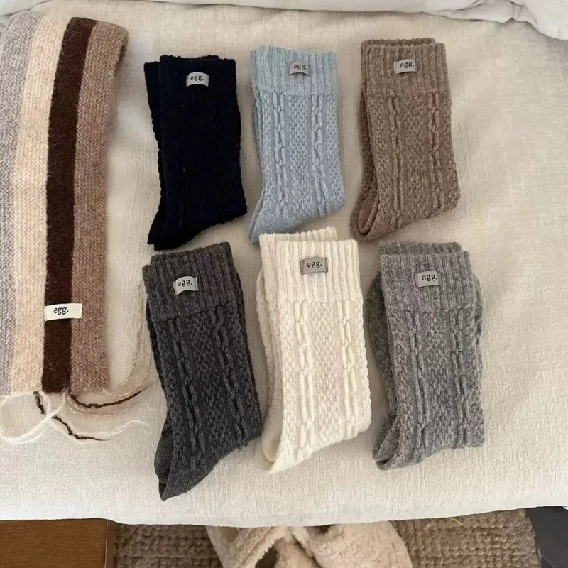6 Pairs Thick Winter Mid-calf Socks Pure Color Warm Women's Socks Set Fashion Cheap Solid Color White School Socks for Girls
