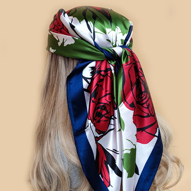 90X90CM Fashion Kerchief Silk Satin Neck Scarf Women Print Hijab Female Square Shawls Wraps office Lady muffler bandanna