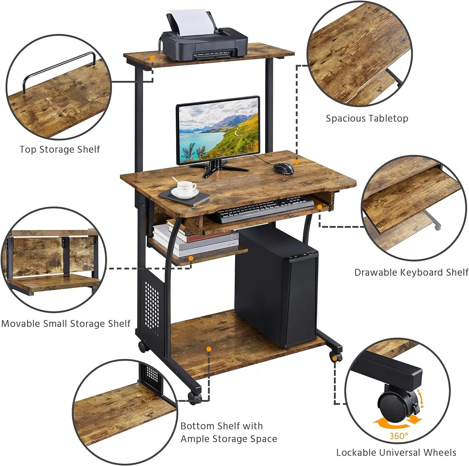 Bureau d'ordinateur roulant à 3 niveaux avec plateau pour clavier et support d'imprimante, adapté à la maison et au bureau