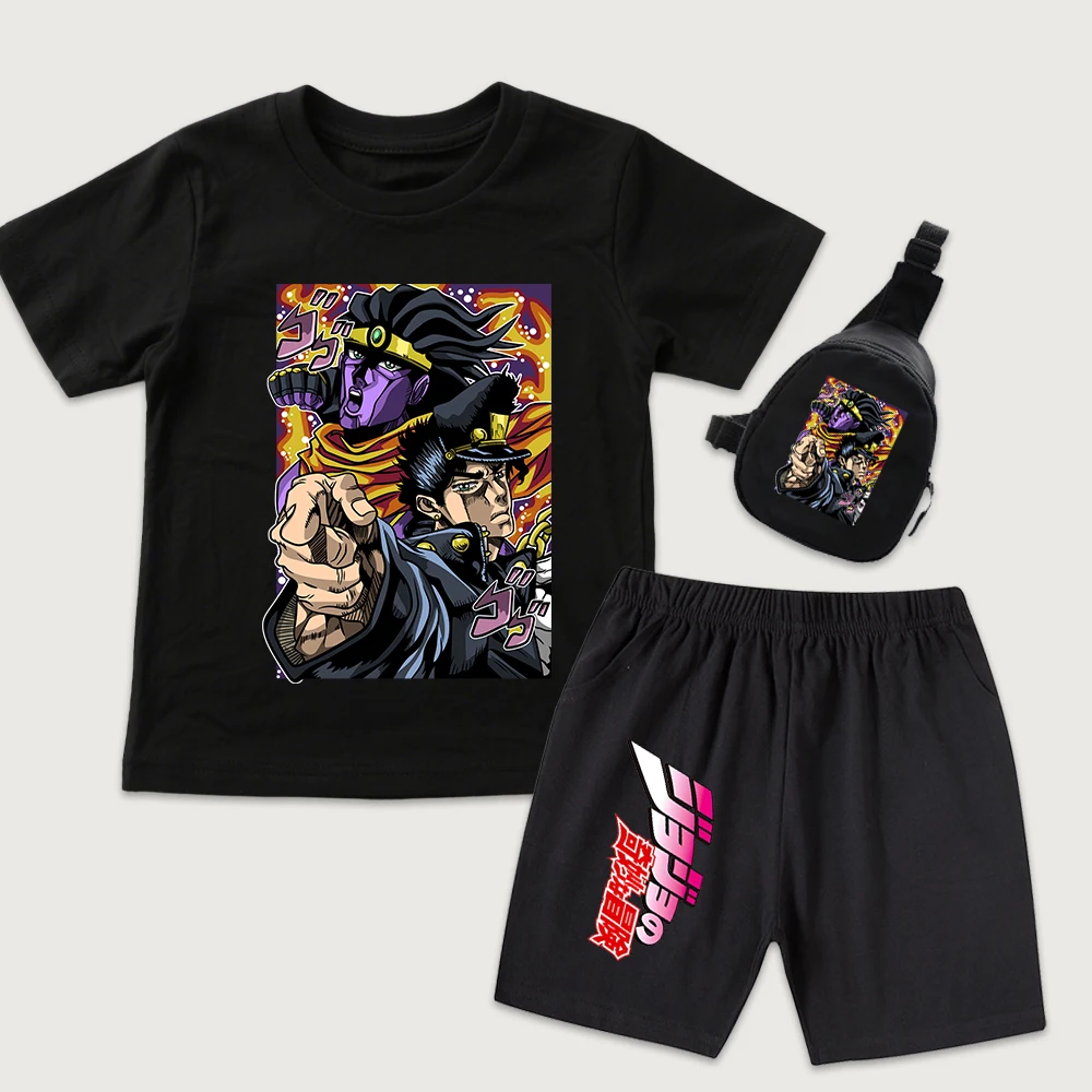 Jojo Jotaro Anime Print Kids Clothing Set Cotton T Shirt Shorts Mini Chest Bag 3pcs Set for Boys Girls Daily Wear