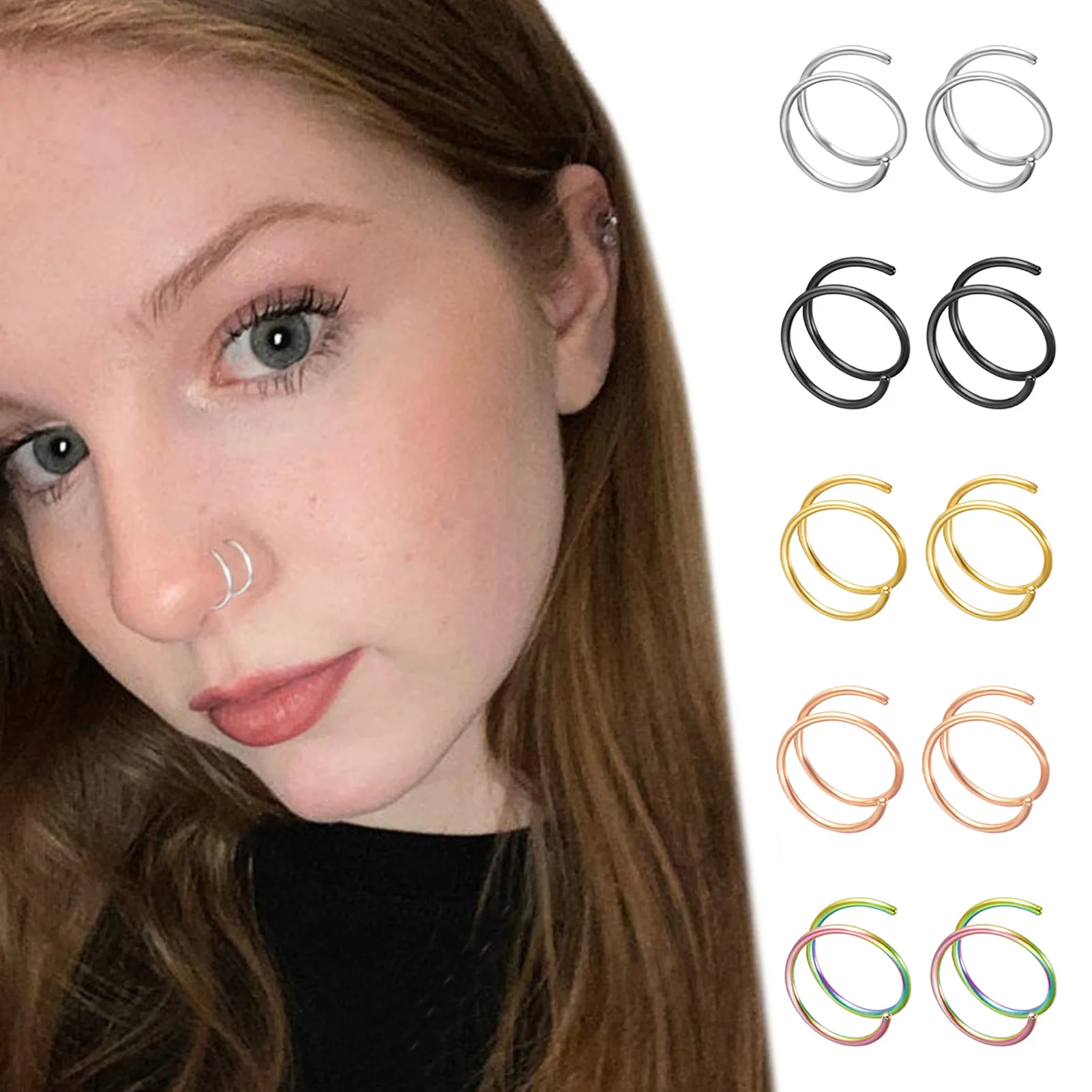 Double Nose Ring Hoop Spiral Twist Rings Set Single Piercing For Cool Women Men Girls Boys Accessories Safe Surgical Stainless