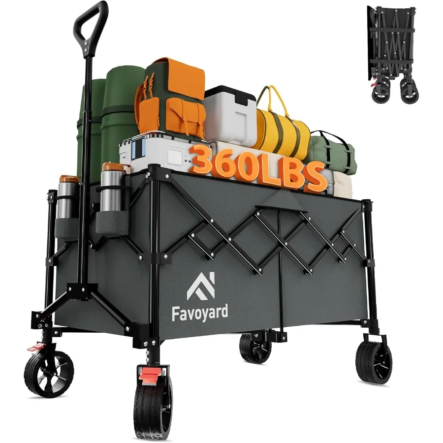 

Extra Large Collapsible Wagon Carts Foldable 360LBS Heavy Duty Beach Wagons with Big Wheels and Brakes Portable Folding Cart fo