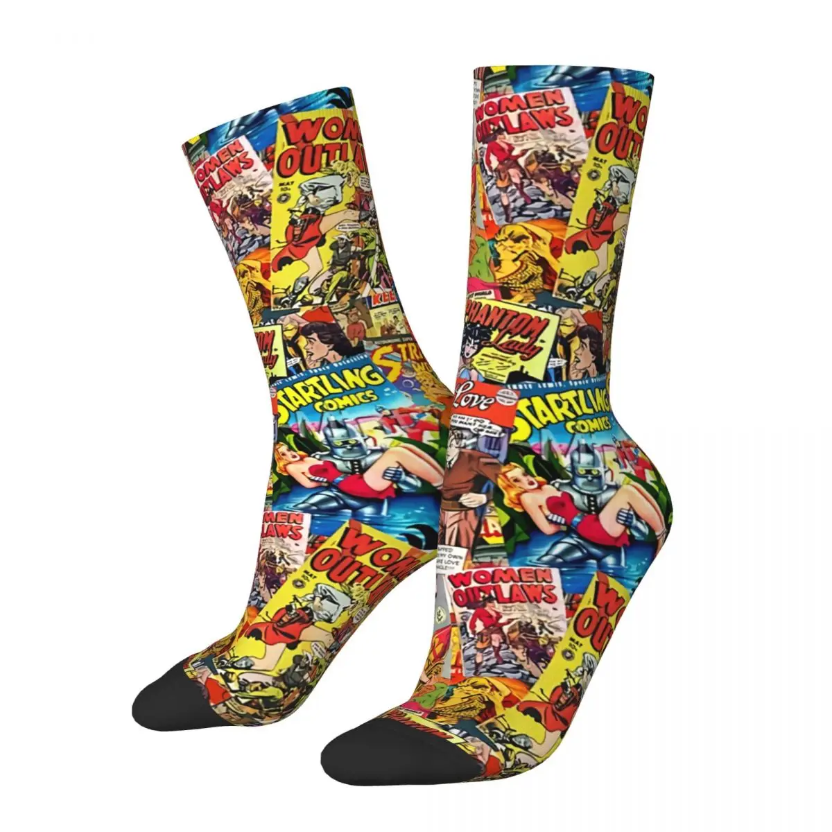 Funny Crazy Sock for Men Vintage Comic Book Collage Hip Hop Vintage Superheroes Pattern Printed Boys Crew Sock Casual Gift