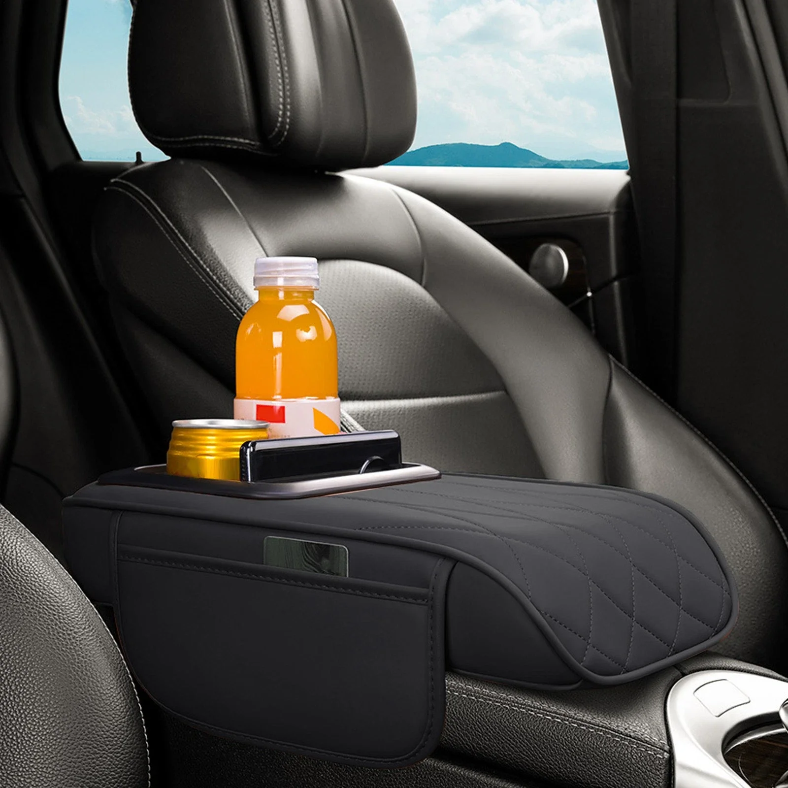 وسادة مسند ذراع السيارة مع حاملين أكواب من جلد البولي يوريثان لوحدة التحكم المركزية ووسادة مسند الذراع وسادة تلقائية غطاء وسادة مرتفعة عالمي #4