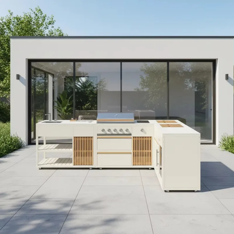Advanced Outdoor Kitchen Bbq Island Combo with Built in Wood Fired Pizza Oven Base and Prep Workstation Tables