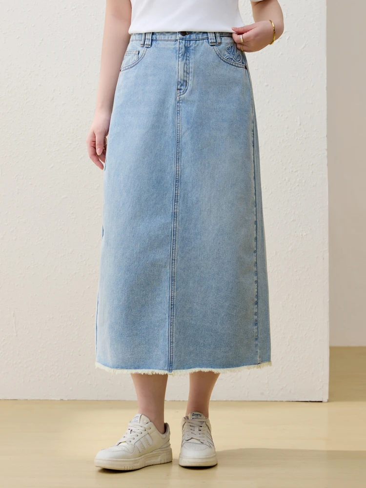 

100% Cotton Tassel Hemmed Slit Denim Skirt High Waist A-Line for plus Size Women Summer New Style Commute Style Pocket D...