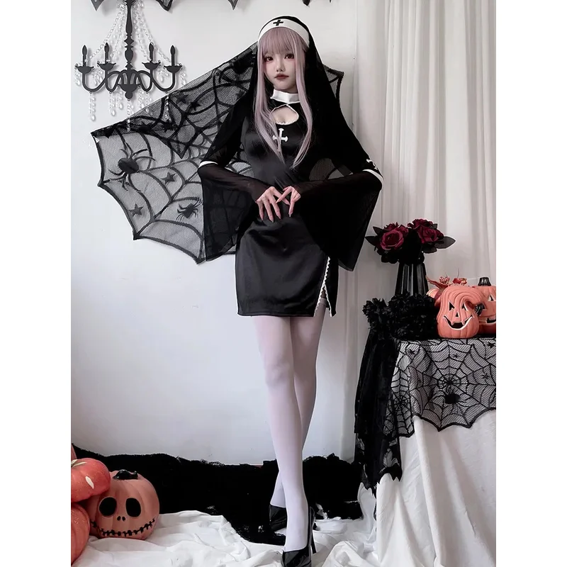 ZA01 Disfraz de monja sexy para Halloween, cruz de vampiro, estilo gótico oscuro, vestido de monja negro con tocado, juego de rol de Carnaval ClotZa0 @