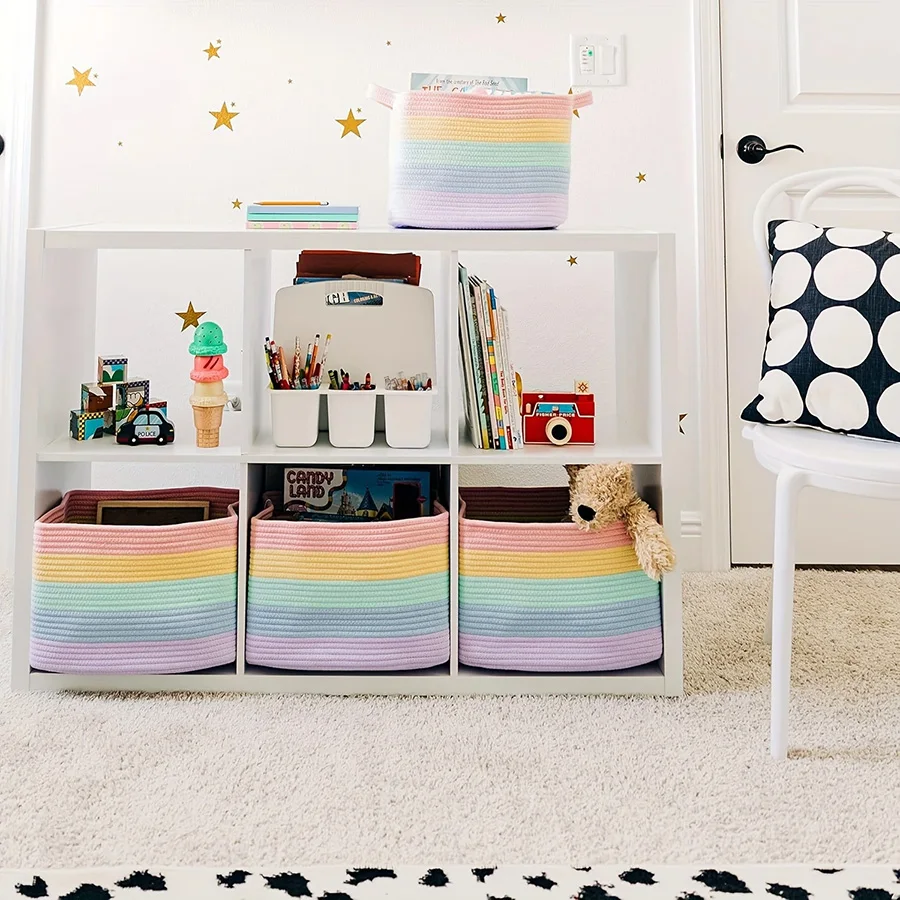 Rope Rainbow Storage Baskets for Shelves - Rainbow Baskets for Pastel Classroom Decor - Basket for Pastel Room Decor