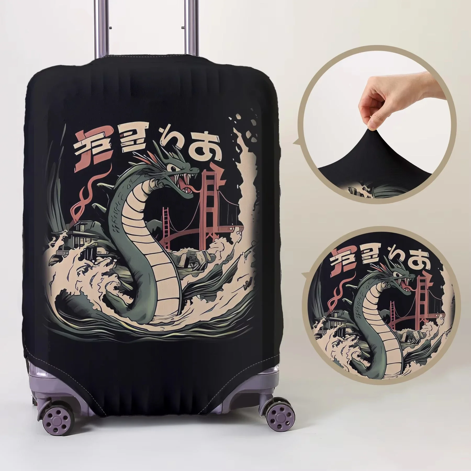 Vintage Sea Dragon Wave Art Print Elastic Luggage Cover Anti‑Scratch Dustproof Stretch Suitcase Protector for 18‑32 Inch