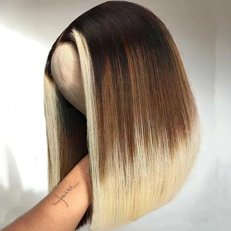 

Коричневый Ombre Blonde Короткий Боб Прямой Парик Фронта Шнурка Синтетический 13x4 HD Боб Парики Фронта Шнурка Термостойкие Повседневная Одежда Косплей