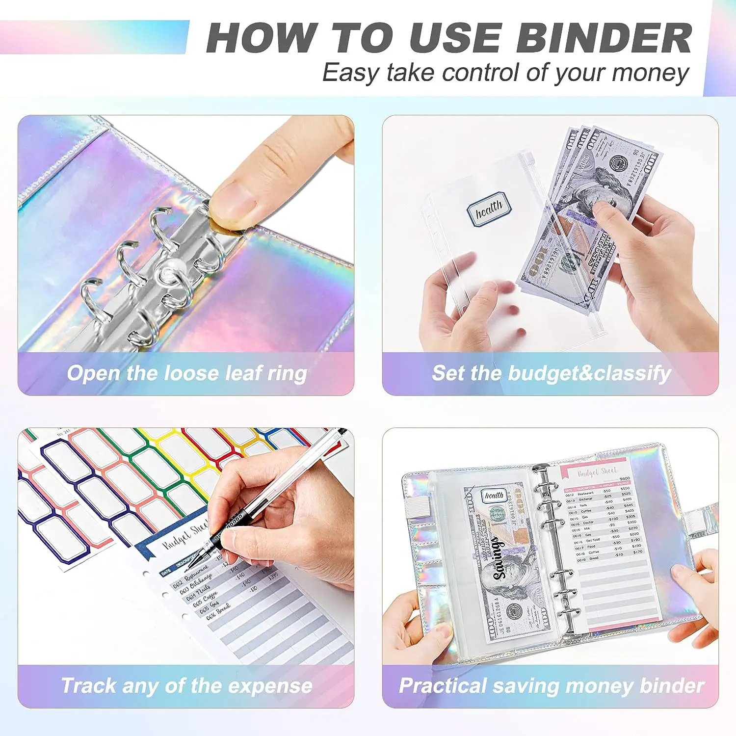 Budget Planner Cash Envelope Savings Money 6 Holes Binder for Financial Management A6 laser Loose-leaf Notebook Binder Housing