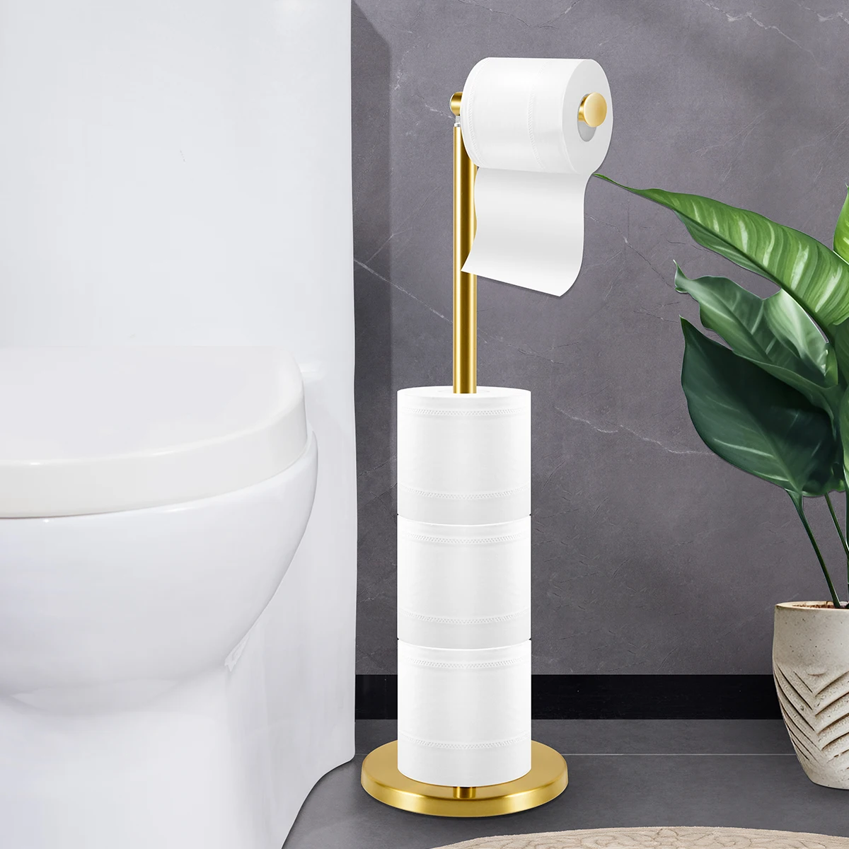 Freestanding Toilet Paper Holder Gold Stainless Steel Bathroom Tissue Roll Stand with Spare Rolls Storage Bathroom Accessory