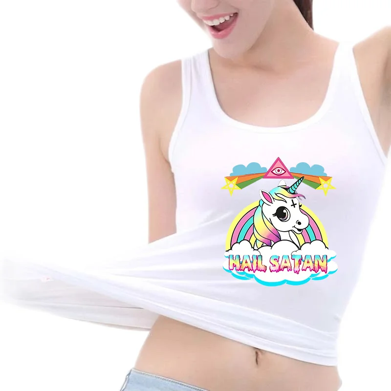 

Unicorn Hail Satan Death Metal Rainbown Design Tank Top Women's Personality Trend Sleeveless Tee Gym Fitness Tops