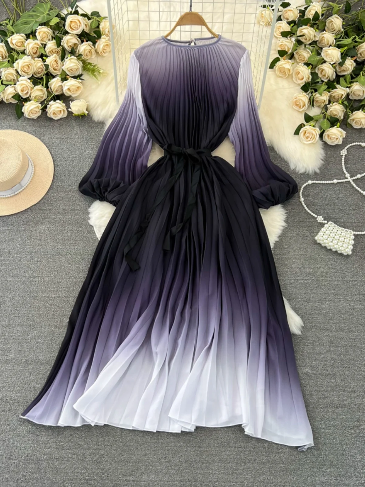 Elegant Lantern Sleeve round Neck Slimming Midi A-Line Gradient Color Pleated Dress for Young Women Autumn Fashion Ladies