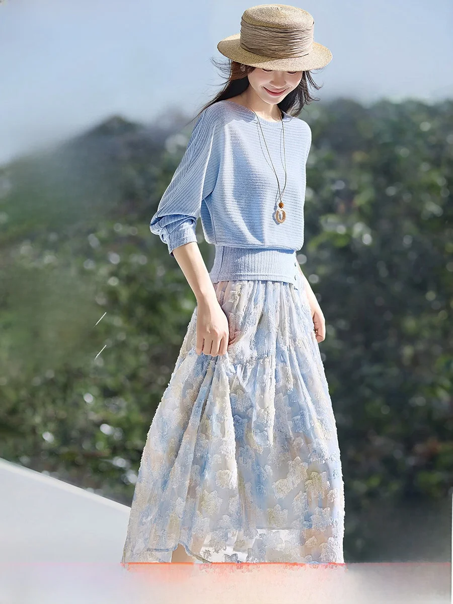 

Mehem Beauty Slimming Fashionable Two-Piece Set Spring New Batwing Sleeve Loose Floral Print Dress Set Women Elegant Style