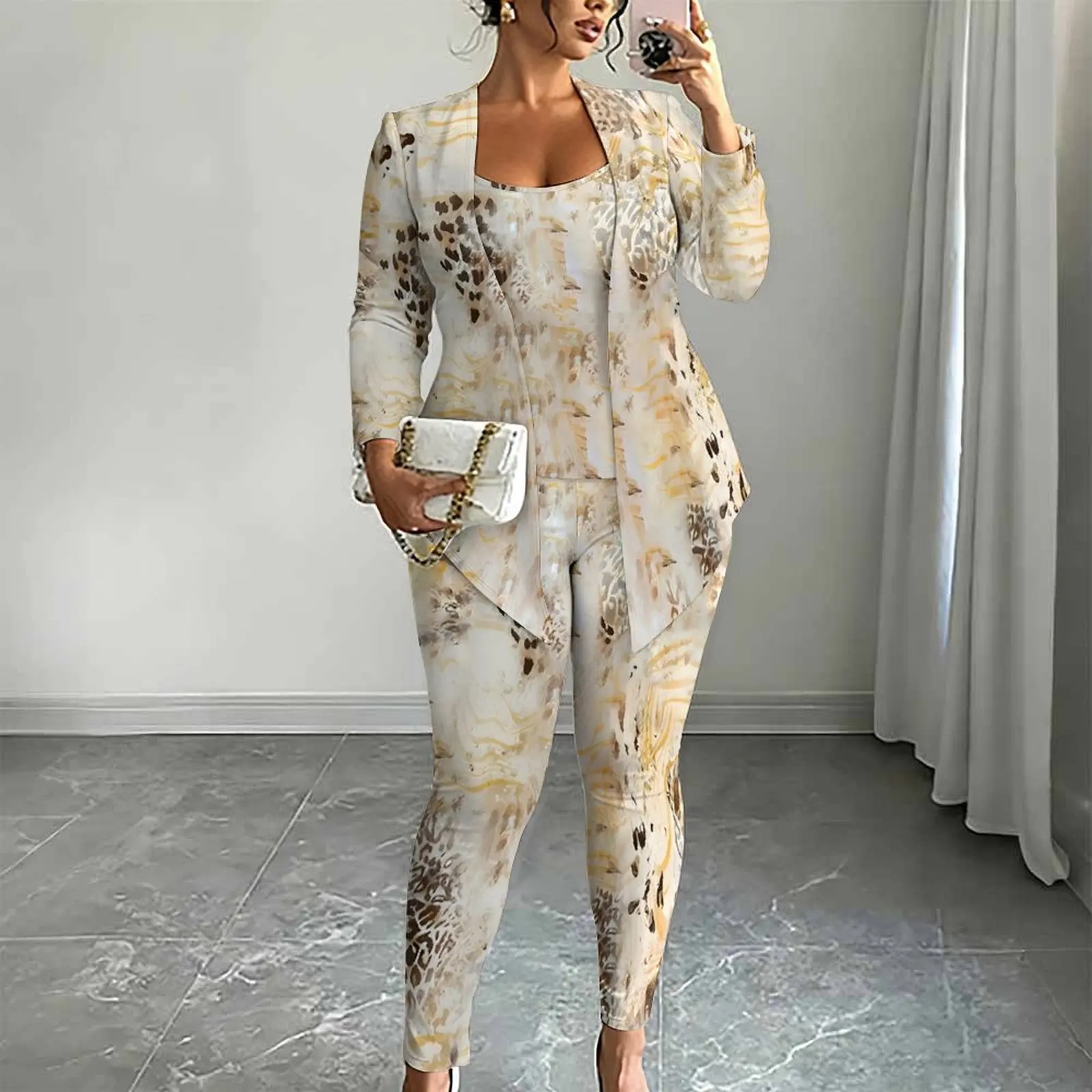3pcs Sexy Camisole Daily Tight Pants Printed Coat Retro Top Temperament Sport Pants Elegant Three Piece Set
