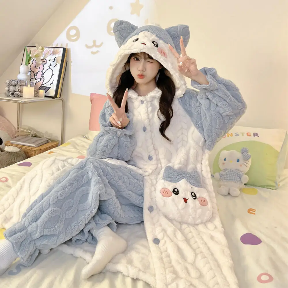 

Kawaii Chiikawa 2 шт. женские плюшевые пижамы костюм мультфильм милый аниме Kawaii зимняя теплая домашняя одежда утепленная милая домашняя одежда для девочек