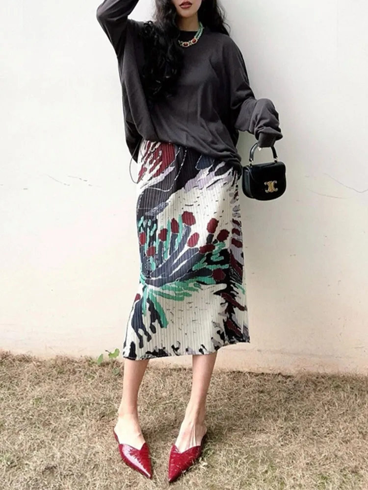 

High Waist Floral Print A-Line Midi Skirt Women's Pleated Summer Skirts Three Houses Art Creation Elastic Waist Skirts