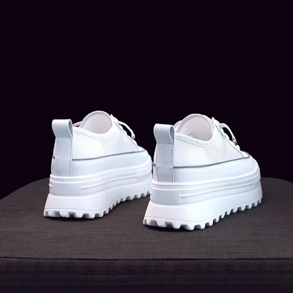 5.5cm Genuine Leather Platform Wedge Shoes Chunky Sneaker White Casual Shoes Comfortable Breathable Spring Autumn Shoes