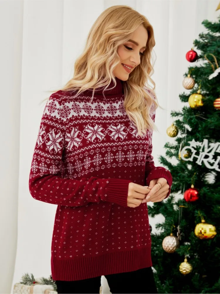 New Fall And Winter Pullover Red Turtleneck Christmas Sweater Snowflake Knitted Casual Loose Sweater Womens Clothing 2025