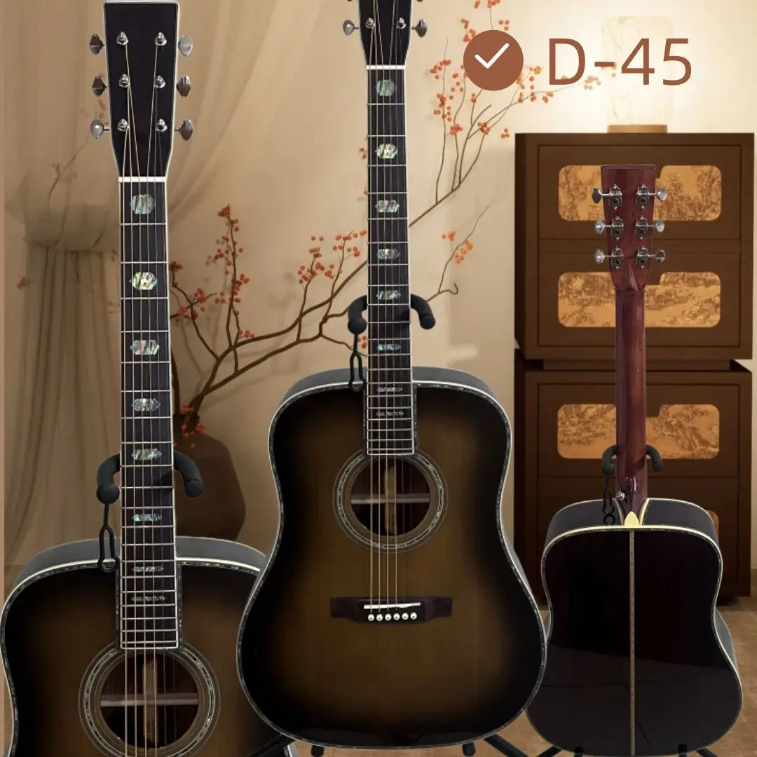 US Warehouse D‑45 Acoustic Guitar, Spruce Top, Abalone Shell Inlay, Dreadnought Body, No Pickup, Adult Folk Guitar for Stage Performance