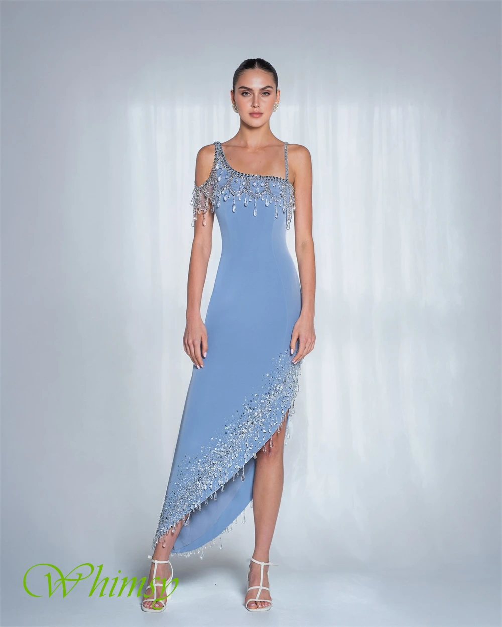 فستان سهرة فاخر مخصص من الجيرسيه مطرز بالخرز، فساتين كلاسيكية بكتف واحد لحفلات العودة للوطن، فساتين مناسبة مخصصة من الكريستال اللامع