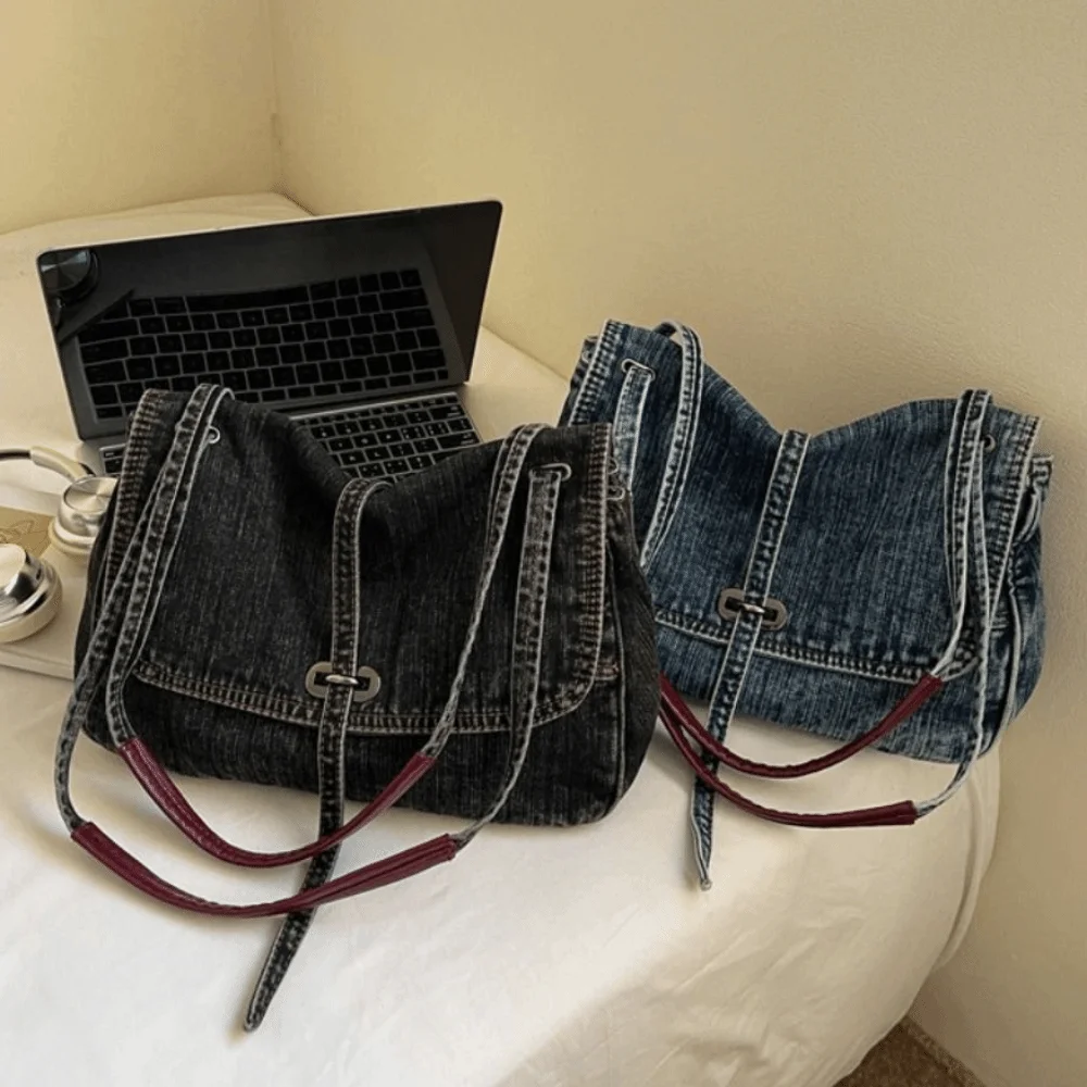 

Fashionable Retro Denim Cloth Bag Large Capacity Shopping Bag Canvas Shoulder Bag Simple Solid Color Canvas Tote Bag Travel