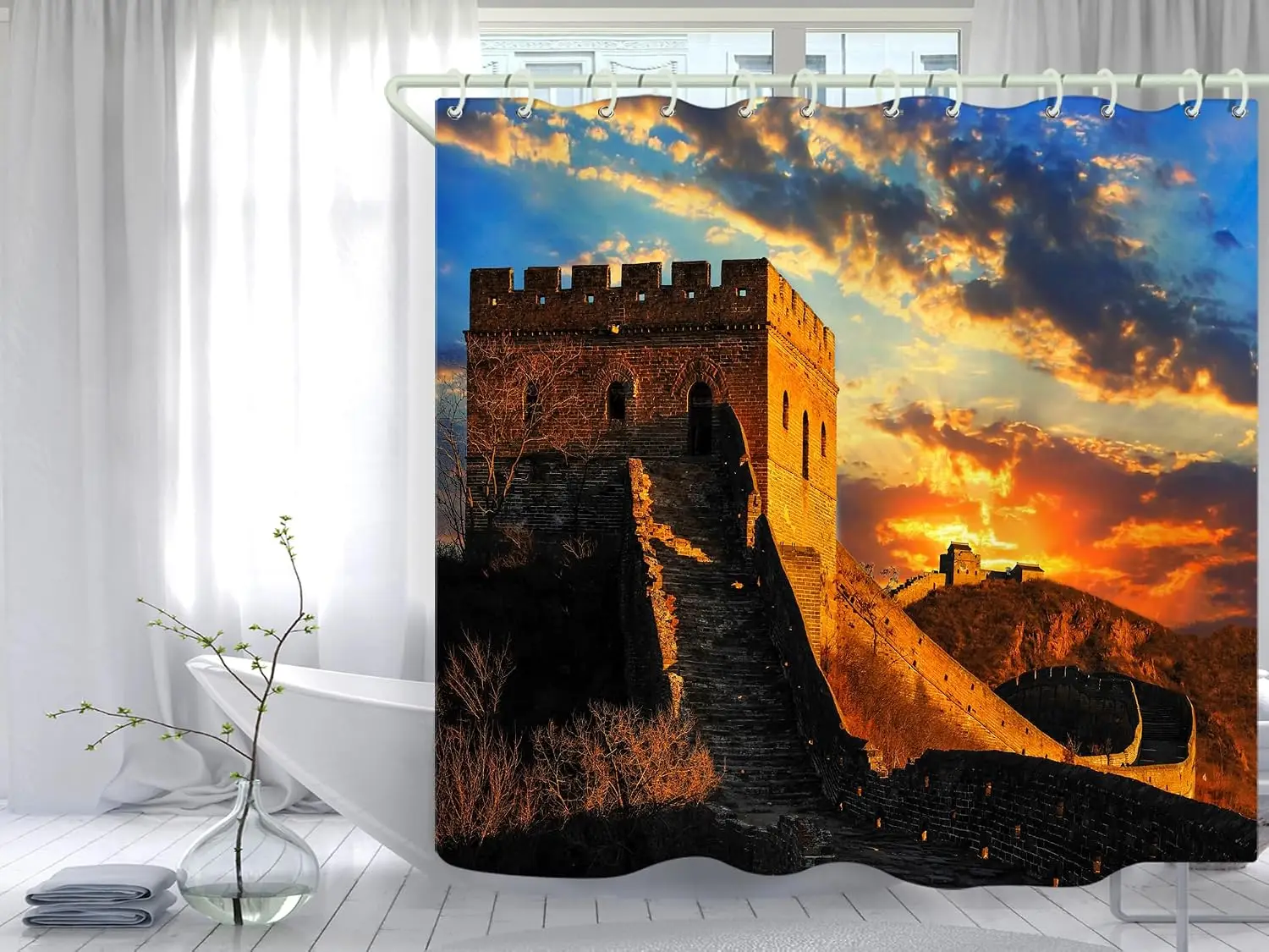 Large 180x180cm Waterproof Shower Curtain Dramatic Sunset Castle Landscape Art Print Bathroom Decor Waterproof Bath Curtain