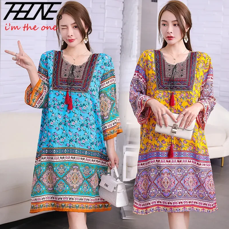 

THHONE Robe Indian Dress Women Midi Floral Oversize Print Bohemian Boho Casual Loose Embroidered Flowers Beach Vestidos Female