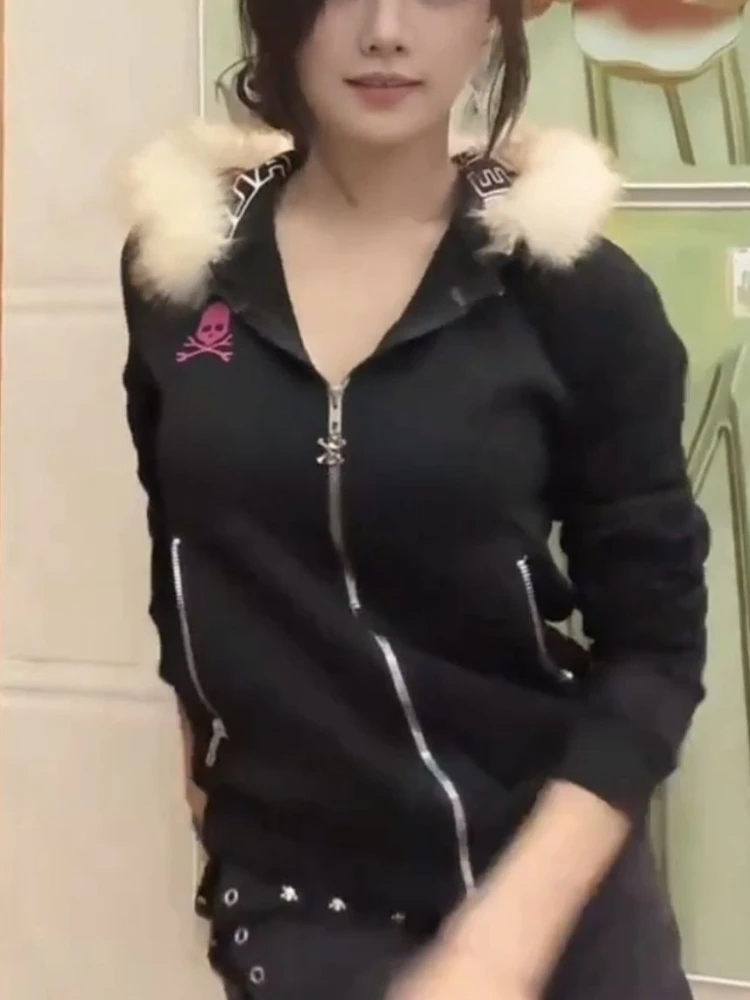 

Американская винтажная верхняя одежда на молнии с пряными длинными рукавами, однотонная модная карманная субкультура из искусственного меха с капюшоном, осень 2023 г.