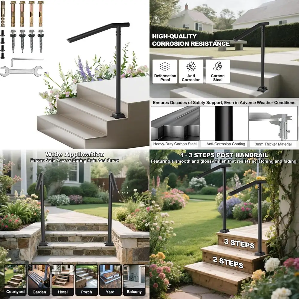درابزين معدني عالي التحمل في الهواء الطلق لكبار السن - درابزين درج 1-3 خطوات، مطلي بالمسحوق، عمود فردي، نمط حديد مطاوع #1