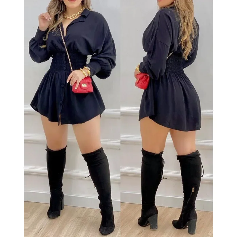 Slim Fits Shirt Dress High Waist Spring Women Sexy Shirt Dress Waist Pleated Long Sleeve Single Breasted A-line Mini Dress